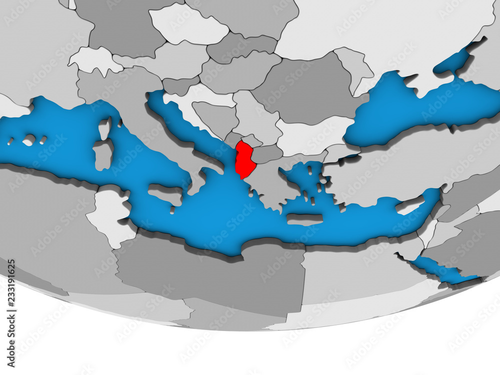 Albania on simple political 3D globe.