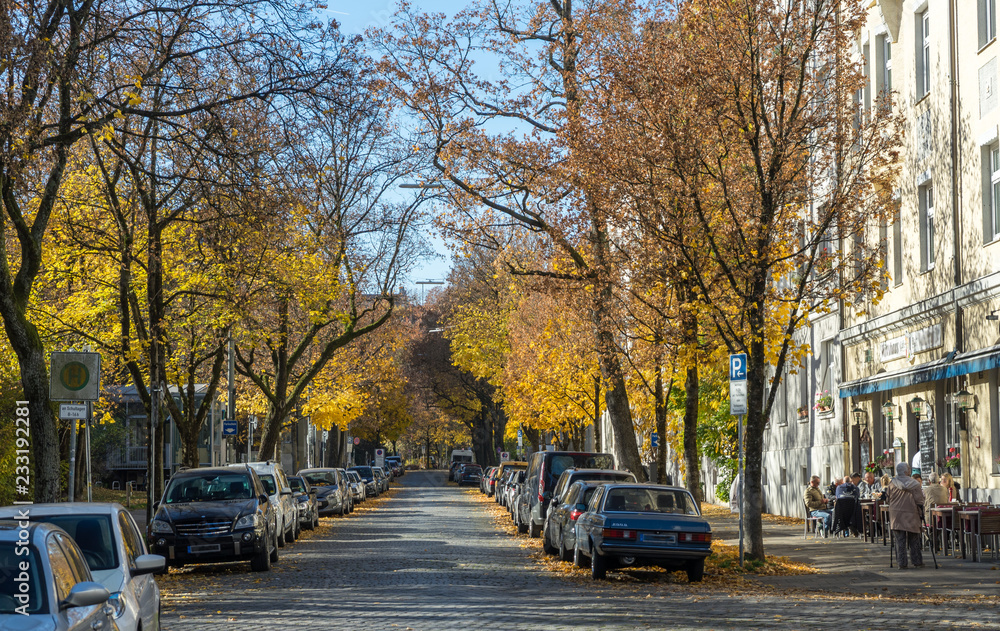 München Sendling - Valleystraße im Herbst mit parkenden Autos