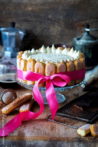 Tiramisu cake on cake stand photo