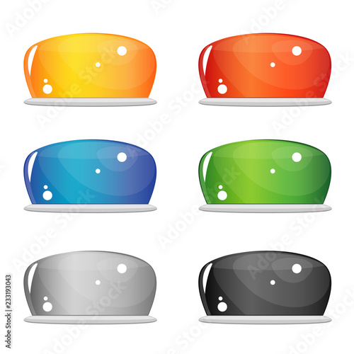 A set of six bright glass buttons, similar to the jelly shape. Front view, side view. Yellow, red, blue, green, white and black. Vector