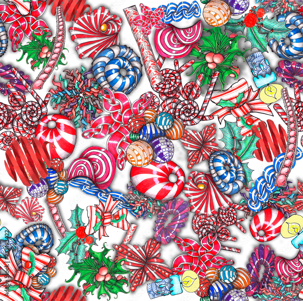 Fototapeta premium Merry Christmas doodle seamless pattern background frame border. Christmas stocking socks, decoration and presents. Hand drawn illustration doodle style for your wallpaper or textile design