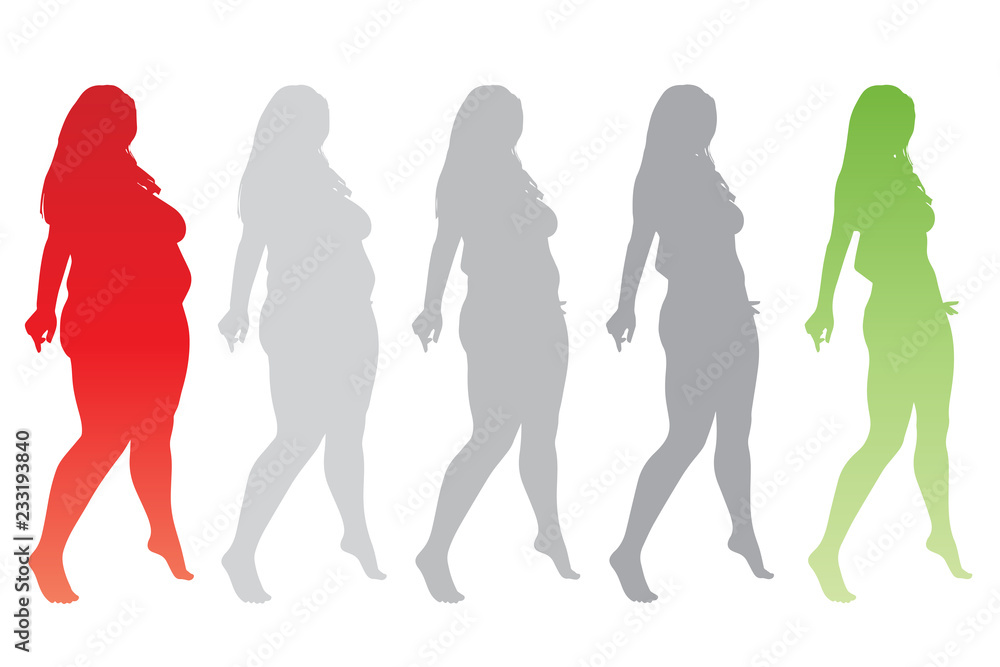 Vector conceptual fat overweight obese female vs slim fit healthy body after weight loss or diet with muscles thin young woman isolated. Fitness, nutrition or fatness obesity, health silhouette shape
