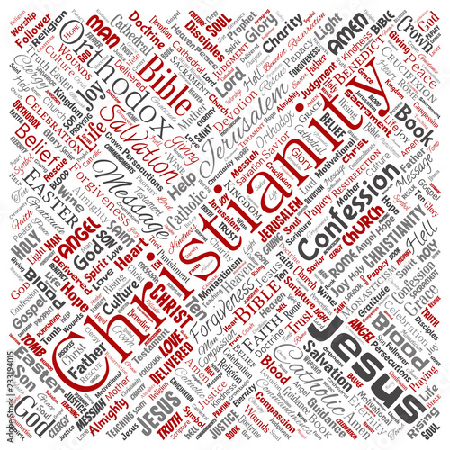 Vector conceptual christianity, jesus, bible, testament square red  word cloud isolated background. Collage of teachings, salvation resurrection, heaven, confession, forgiveness, love concept