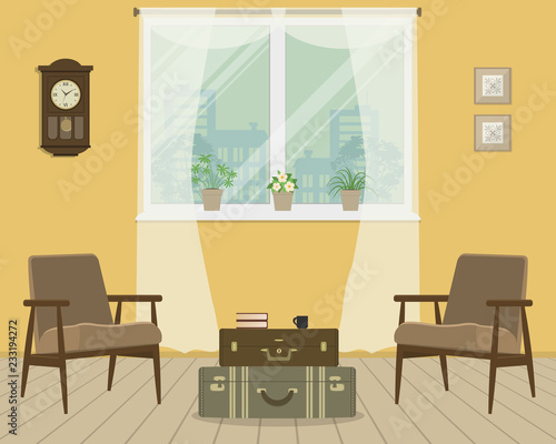 Yellow living room in retro style. There are brown armchairs, a table in the form of a suitcases in the picture. There are indoor flowers on the windowsill. There are also a wall clock here. Vector