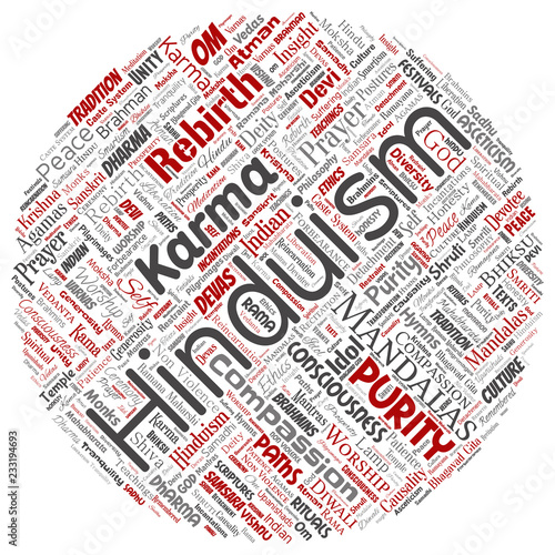 Vector conceptual hinduism, shiva, rama, yoga round circle red word cloud isolated background. Collage of mandalas, samsara, celebration, tradition, peace, compassion, rebirth, karma, dharma concept