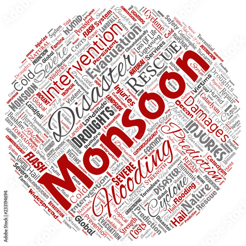 Vector conceptual monsoon dangerous weather round circle red meteorology word cloud isolated background. Collage of tropical dramatic storm force, strong wind blowing, rain hail thunderstorm concept