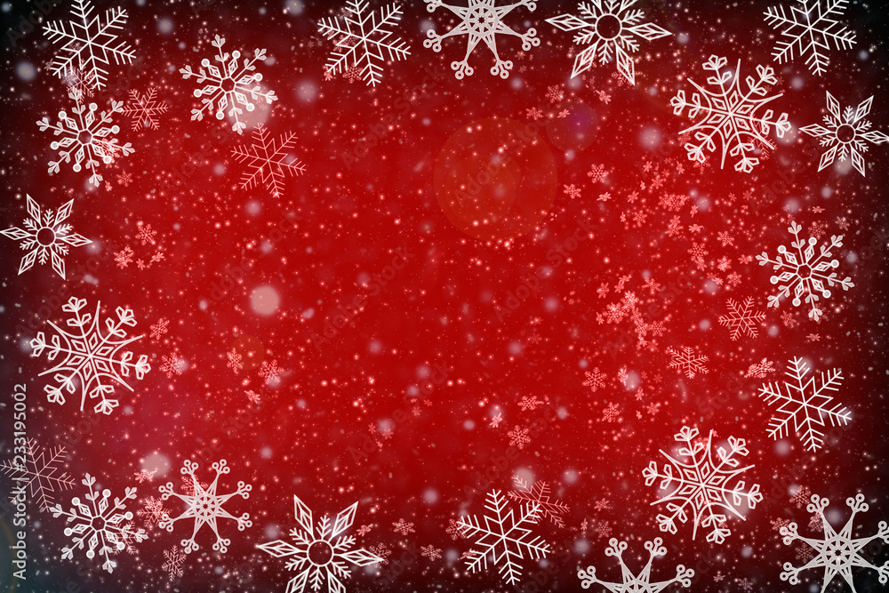 Christmas, New Year, red abstract background with snowflakes and snow, stars. A vignette, a copy of space. Christmas, New Year, red abstract background with snowflakes and snow, stars. A vignette, a copy of space.