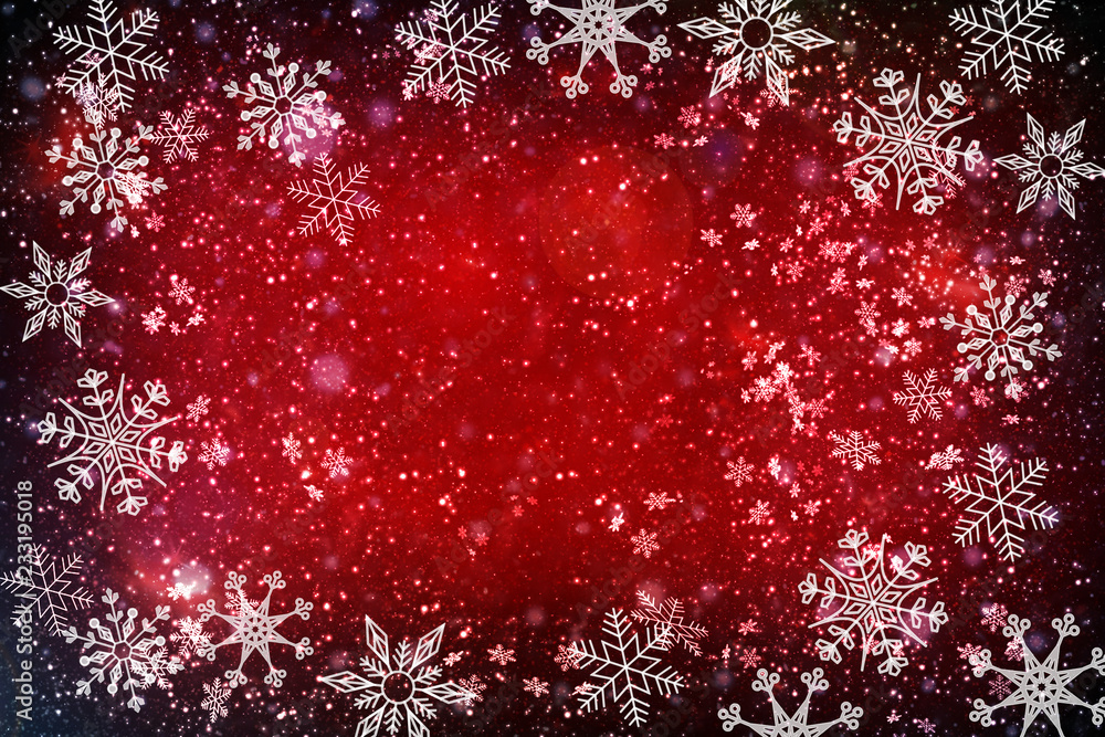 Christmas, New Year, red abstract background with snowflakes and snow, stars. A vignette, a copy of space. Christmas, New Year, red abstract background with snowflakes and snow, stars. A vignette, a copy of space.