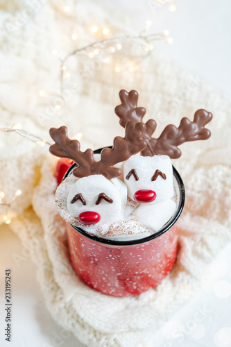 Hot chocolate with melted marshmallow reindeer
