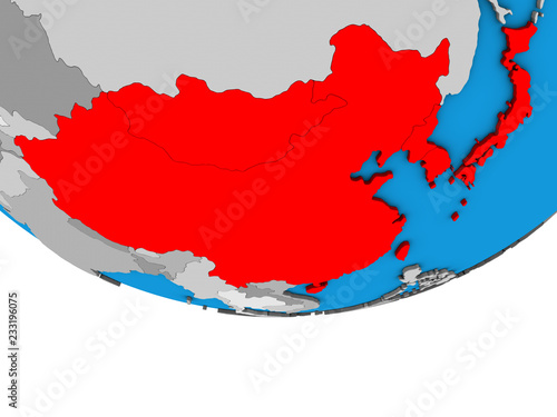 East Asia on simple political 3D globe.