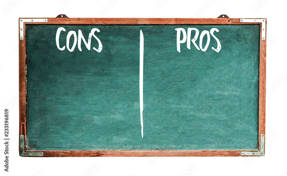 Pros and cons text words in white written on wide green old grungy vintage wooden chalkboard retro blackboard with frame isolated on white background. Concept risk benefit assessment analysis. Pros and cons text words in white written on wide green old grungy vintage wooden chalkboard retro blackboard with frame isolated on white background. Concept risk benefit assessment analysis.