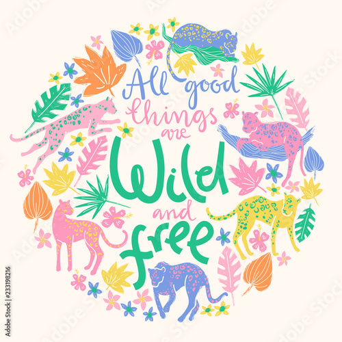 Vector poster with jaguars  tropic plants and hand letterin quot
