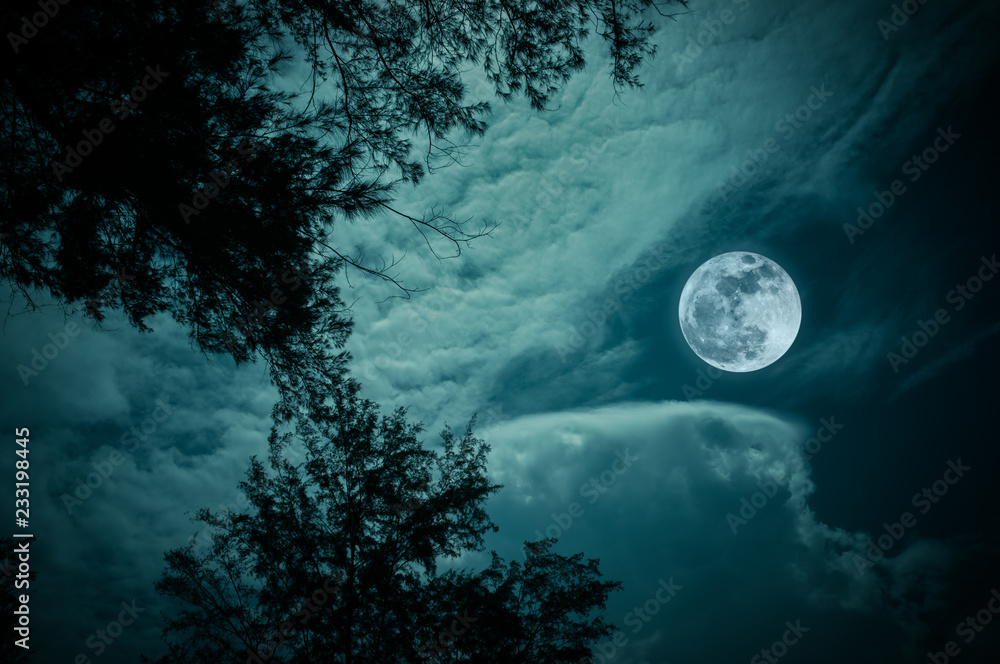 Landscape of sky with full moon at night. Serenity nature background.