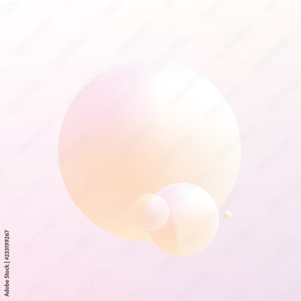 Soft pastel colored gradient Holographic spheres floating on a light pink and orange background
