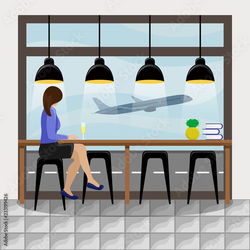 The girl behind the bar counter at the panoramic window at the airport. Plane taking off.