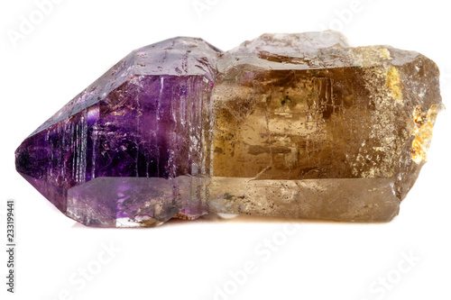 Macro Mineral Stone Amethyst together smoky quartz, rauchtopaz on a white background photo