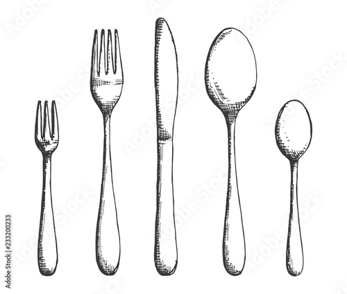 cutlery set of forks and spoons, knives vector. hand drawing isolated illustration