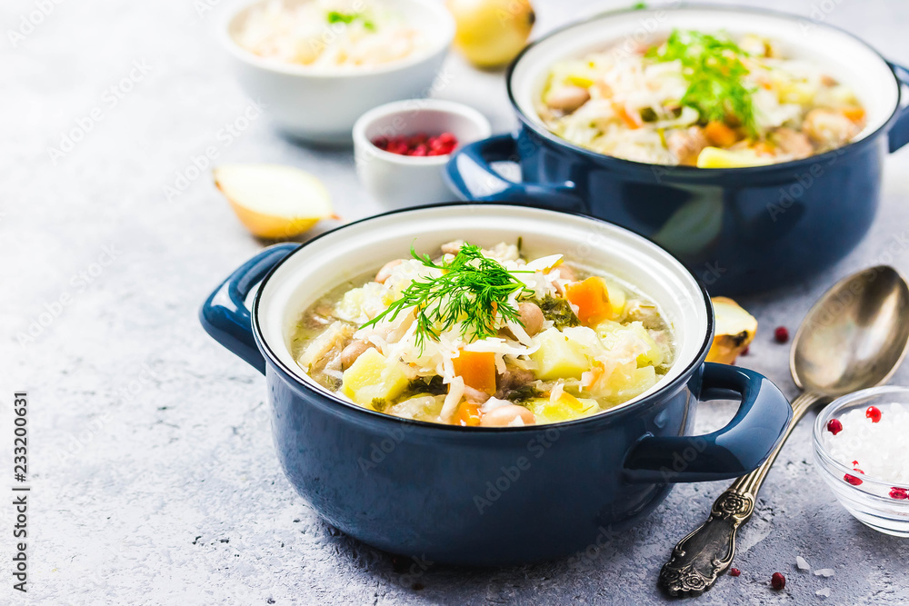 Sauerkraut red bean meat soup in pots.Selective focus, space for text. Sauerkraut red bean meat soup in pots.Selective focus, space for text.