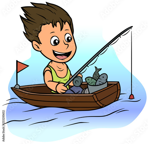 Cartoon boy character fishing in rowboat