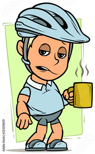 Cartoon cyclist boy character with cup of coffee