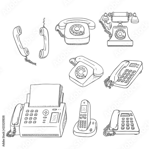 Vector Set of Sketch Telephones and Handsets. Collection of Phones.