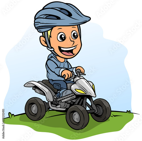 Cartoon boy character driving quad motorbike