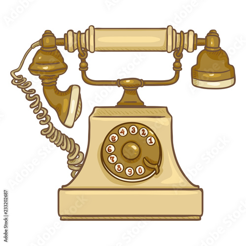Vector Cartoon Beige Old Vintage Telephone. Retro Rotary Phone