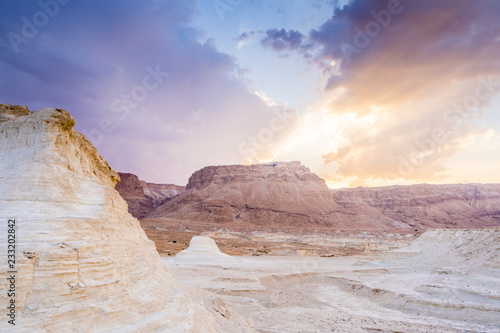 Masada in Israel and the judean desert at sunset