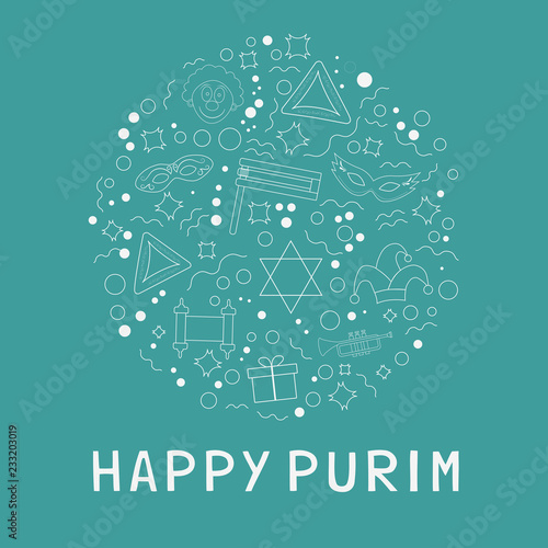 Purim holiday flat design white thin line icons set in star of david shape with text in english