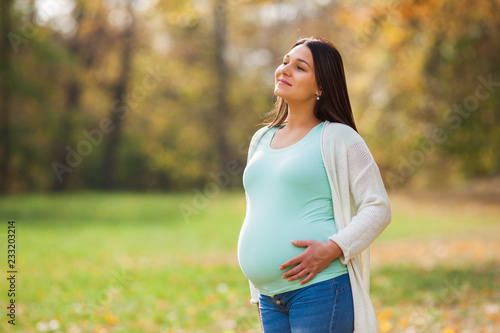 Happy pregnant woman relaxing in park. 