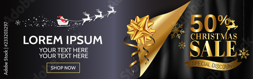 Christmas sale banner design for web, poster, brochure in gold and black background with copy space