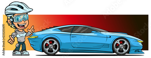 Cartoon girl character with modern blue sport car