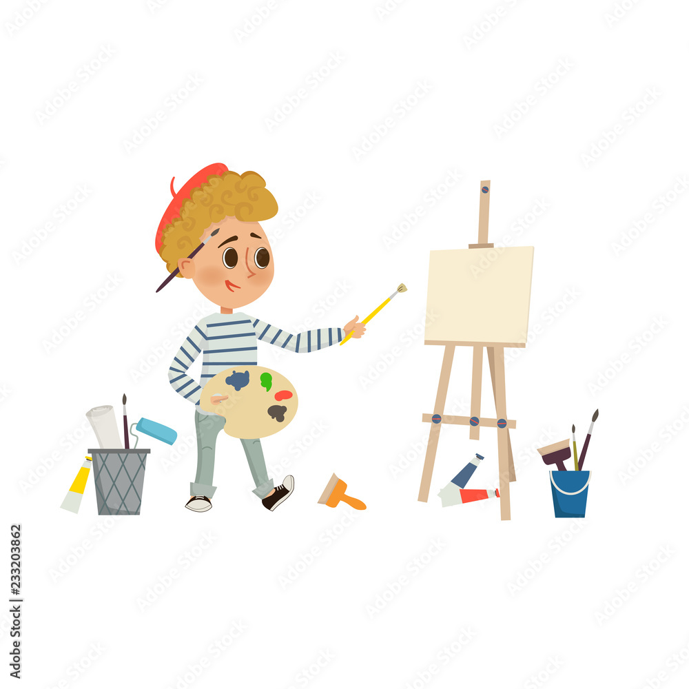 Artist Boy drawing and painting picture with brush and palette on the easel. Children art and design school concept. Cartoon illustration in flat style Artist Boy drawing and painting picture with brush and palette on the easel. Children art and design school concept. Cartoon illustration in flat style