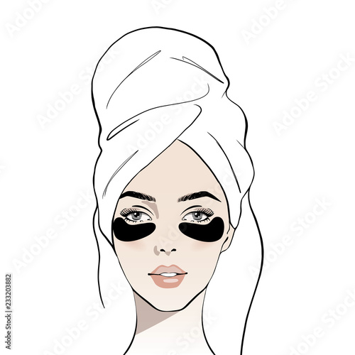 Woman with eye patch. Beauty treatment. Skin care routine. Beautiful young woman face with white towel on her head. Fashion woman with bath towel. Sketch. Vector illustration. Spa beauty concept
