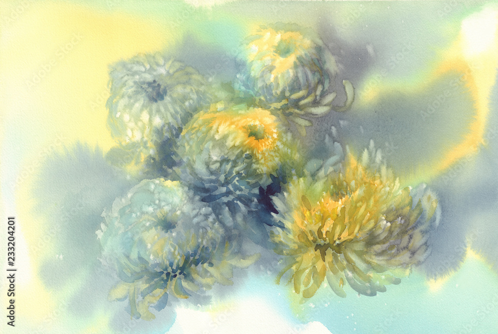 Chrysanthemum flowers watercolor background. Abstract salt made marble background.