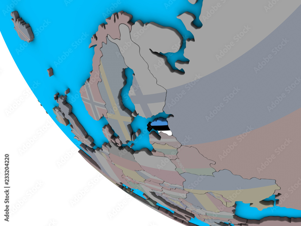 Naklejka premium Estonia with embedded national flag on simple 3D globe.