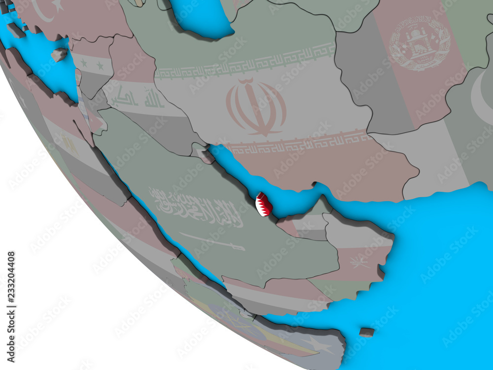 Fototapeta premium Qatar with embedded national flag on simple 3D globe.