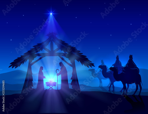 Christian Christmas on Blue Background with Wise Men and Jesus