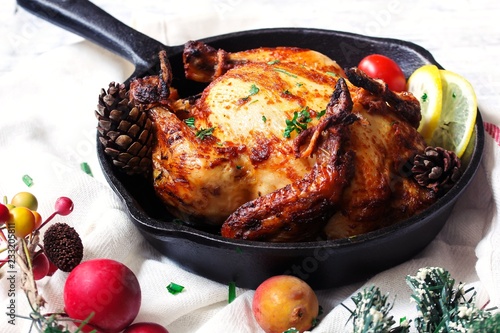 Homemade Cornish Hen roast / Thanksgiving Christmas dinner on holiday frame photo