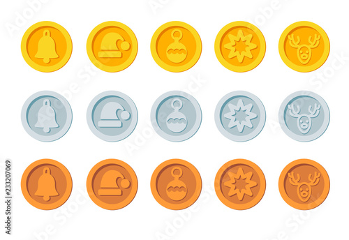 Crypto currency Christmas winter new year holiday coins golden, silver and bronze vector set
