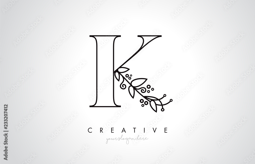 K Letter Logo With Organic Monogram Plant Leafs Detail and Circle Design