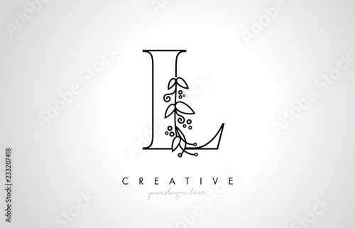 L Letter Logo With Organic Monogram Plant Leafs Detail and Circle Design