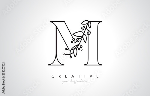 M Letter Logo With Organic Monogram Plant Leafs Detail and Circle Design