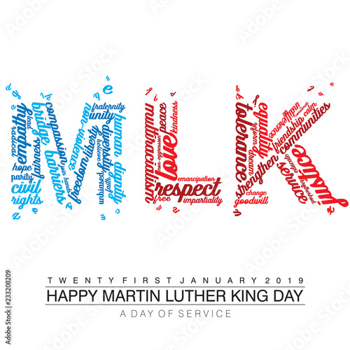 Typography design with words on the text MLK in American Flag colors on an isolated white background