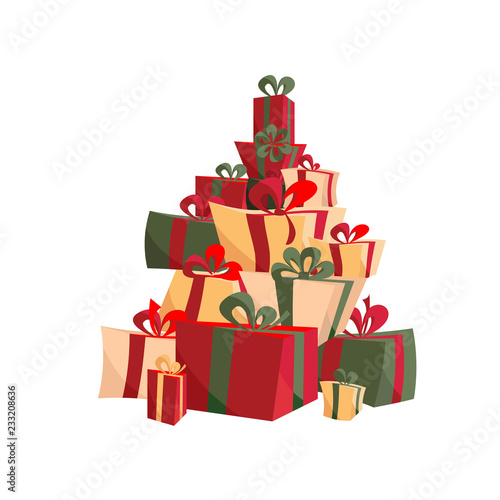 Set of Christmas gifts with ribbons, bows in red and green. Stack of presents in various shape boxes tied colored ribbons. Beautifully wrapped surprise. Flat Illustration for decoration, companies ad.