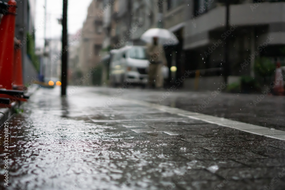 Rainy day in a city with people walking on sidewalk and holding Umbrellas in the background (Bunkyo district, Tokyo, Japan)