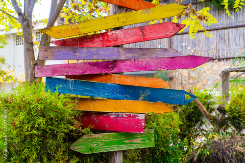 Multiple blank signs on a wooden pole in green area