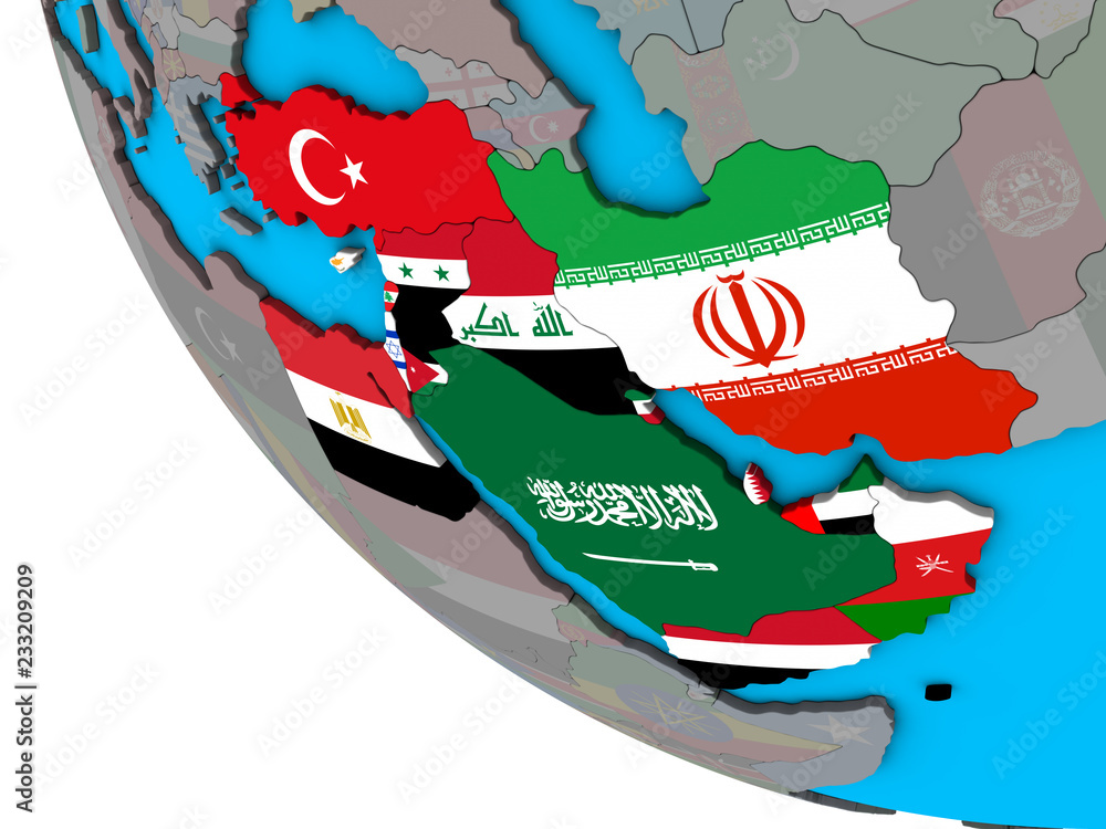 Naklejka premium Middle East with embedded national flags on simple 3D globe.