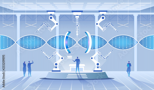 Science lab. Scientists man and woman conducting research in a lab. DNA molecules.