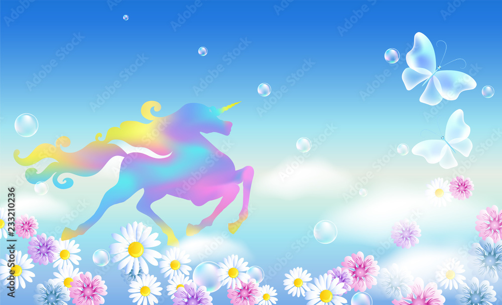 Unicorn in the clouds sky with luxurious winding mane against the background of the iridescent universe with flowers and butterflies